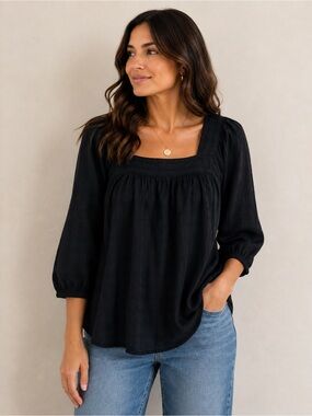 Madewell 100% Cotton Square Neck Peasant Blouse | Black | Size Small